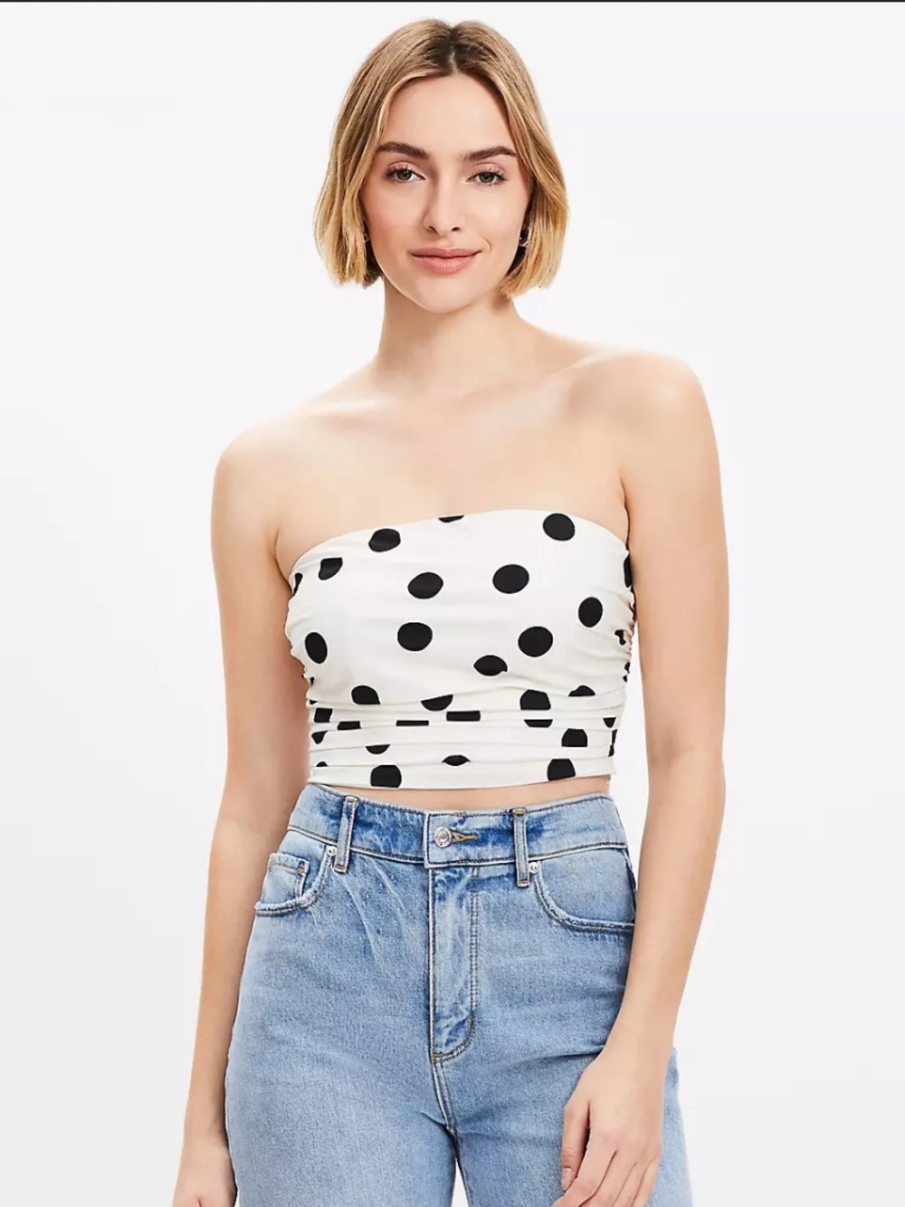 NWT LOFT White and Black Polka Dot Strapless Ruched Crop Top
